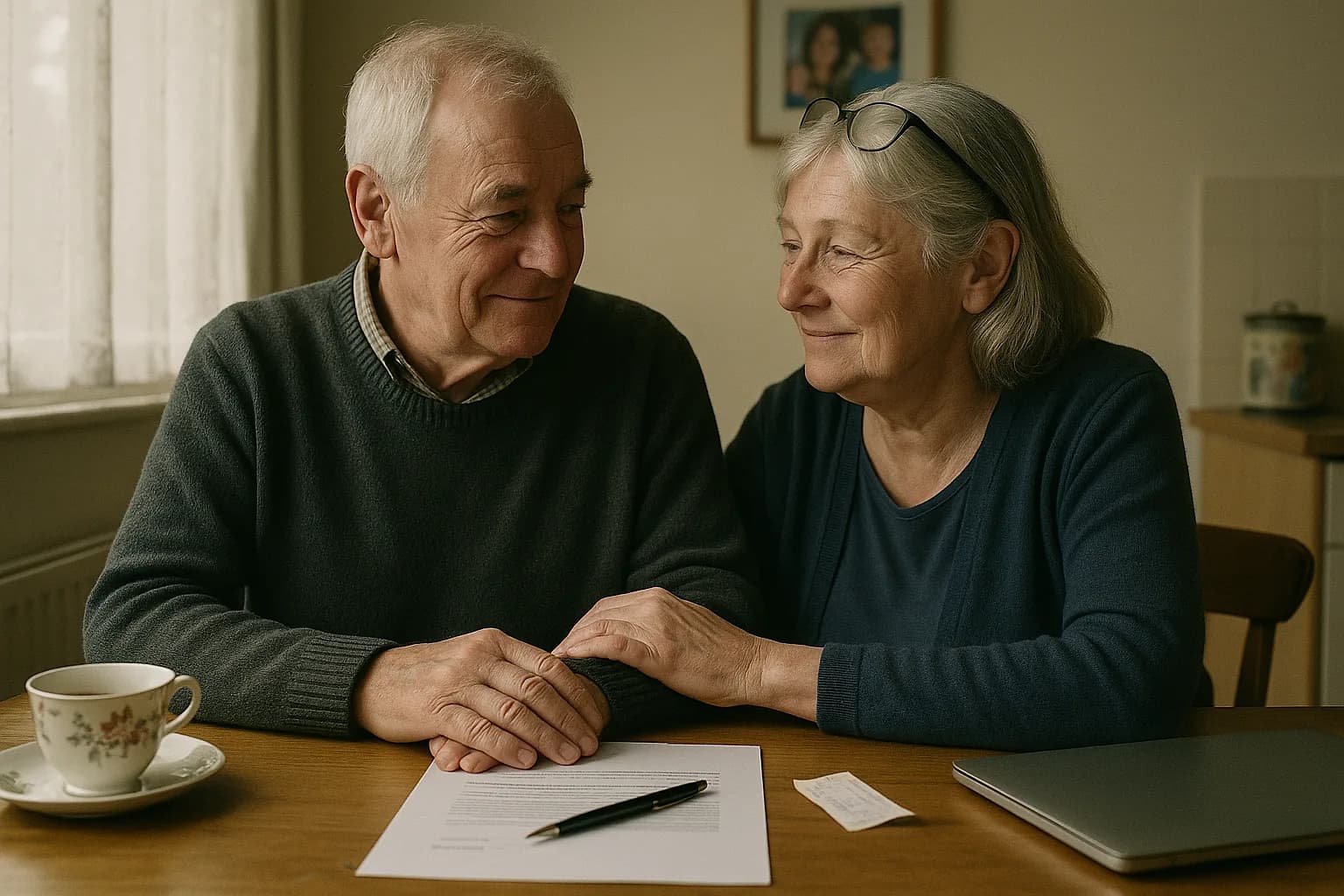 A calculator, paperwork and a cup of tea on a kitchen table, warm home lighting