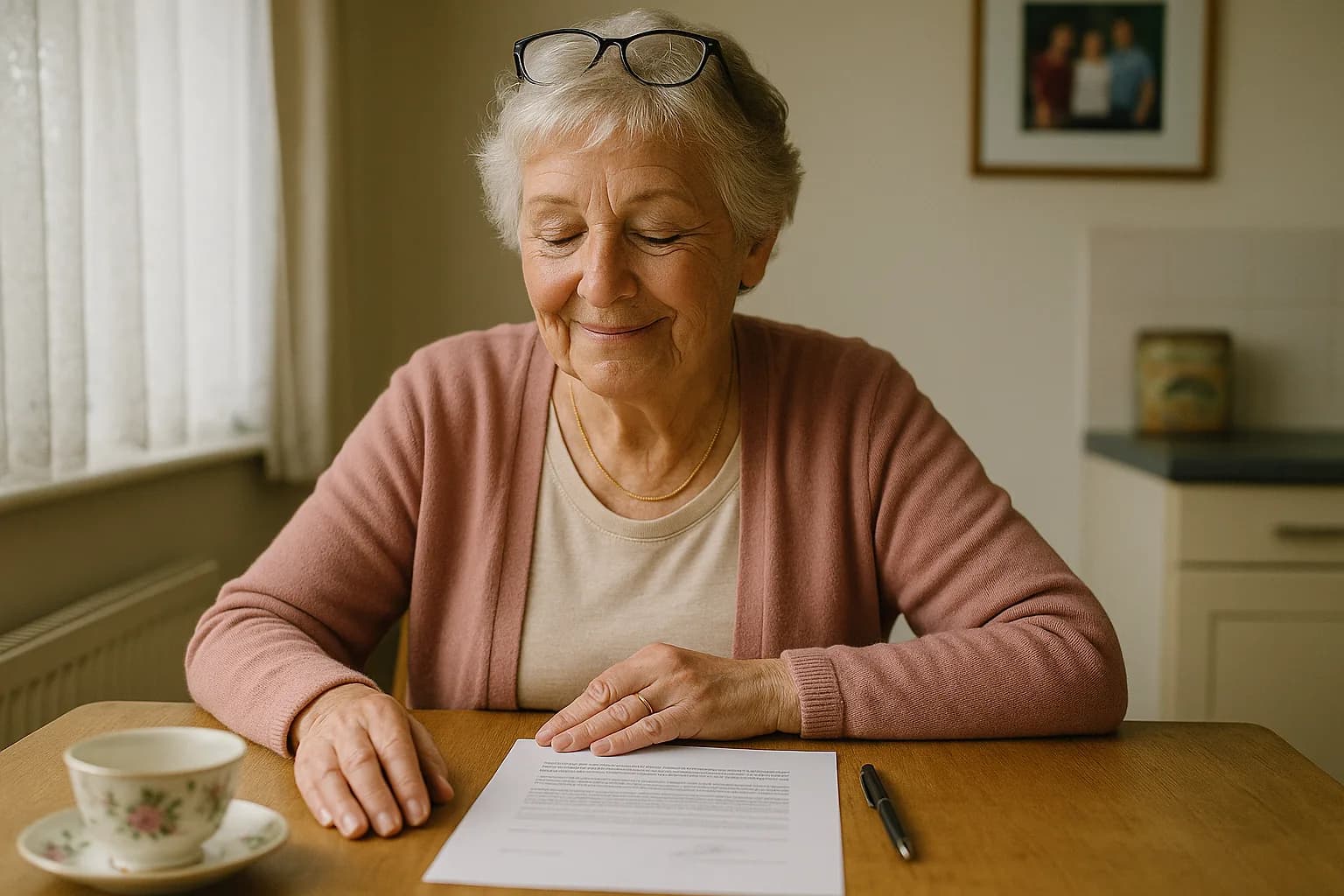 A calculator, a small stack of papers and a cup of tea on a desk