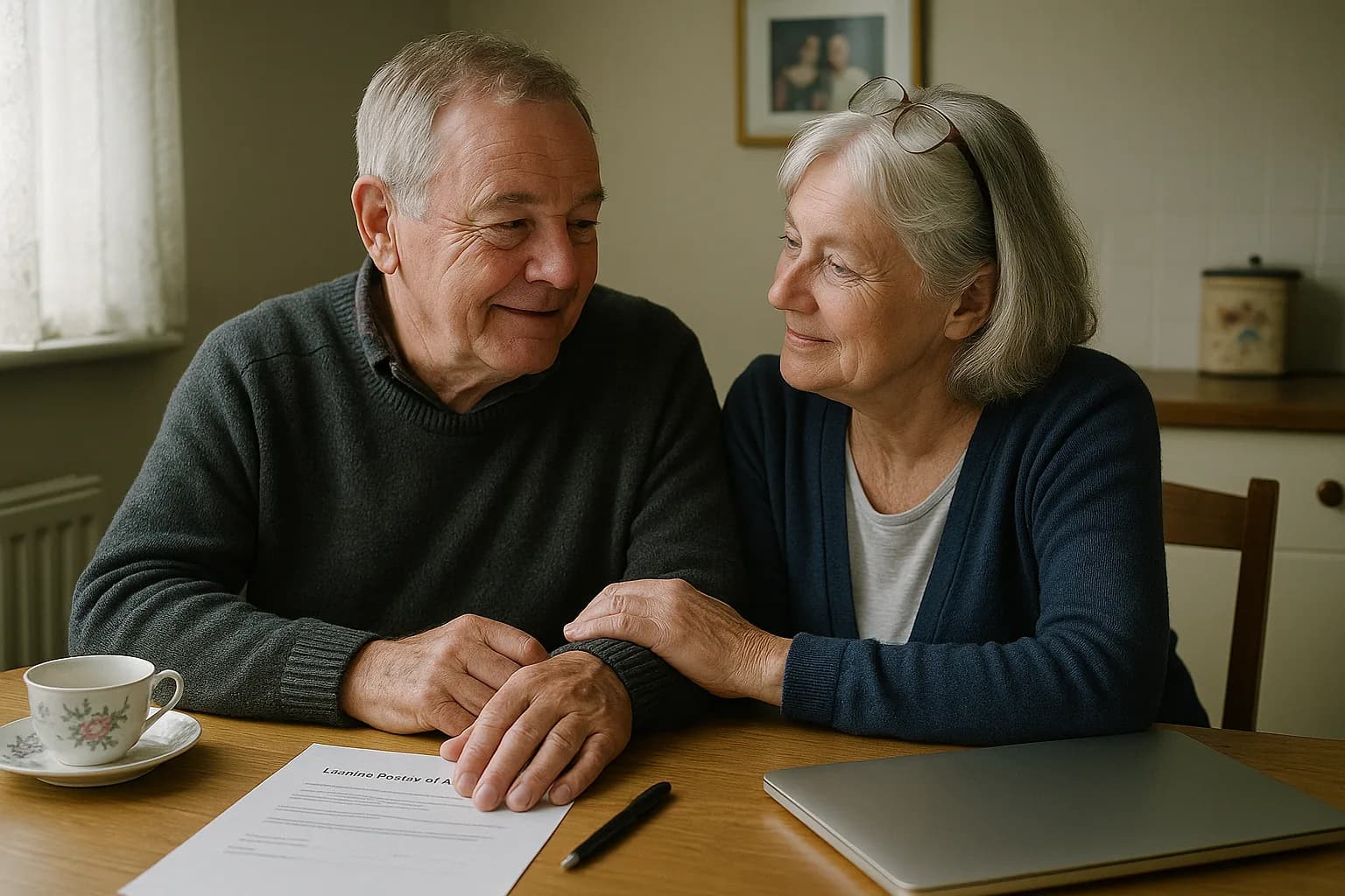 A woman in her sixties confidently completing paperwork at home