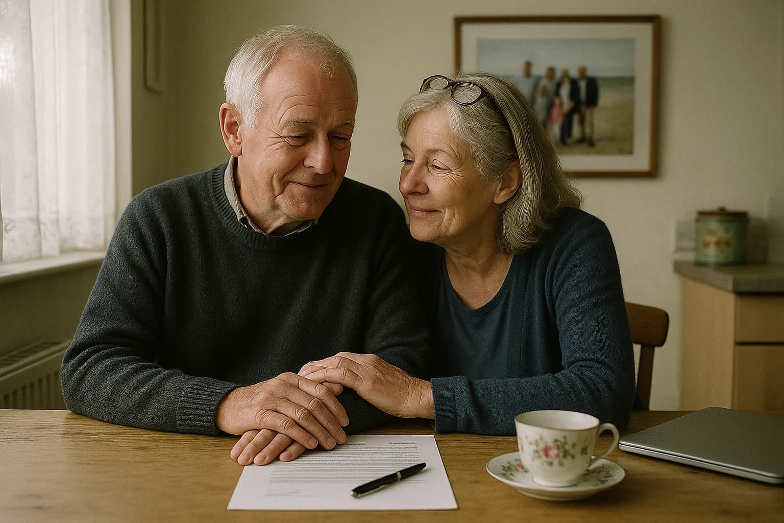 An adult child sitting beside an elderly parent, reviewing a document with care