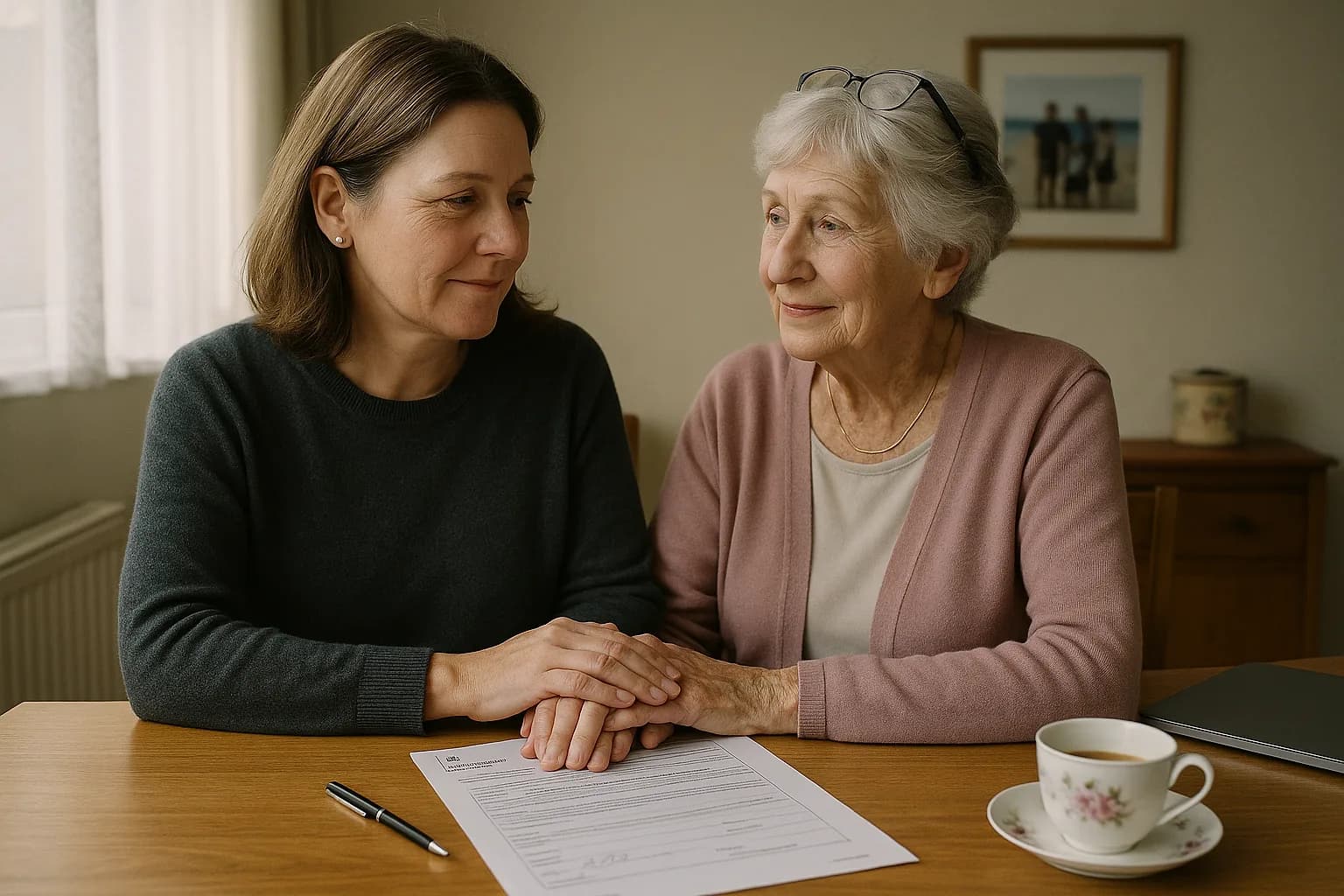 A carer gently speaking with an elderly woman in a bright living room