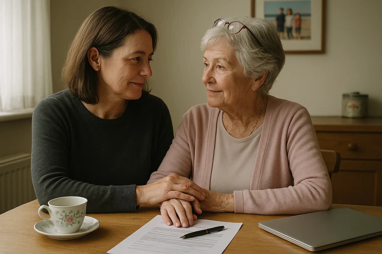 A person in their sixties completing a guided form on a laptop at home