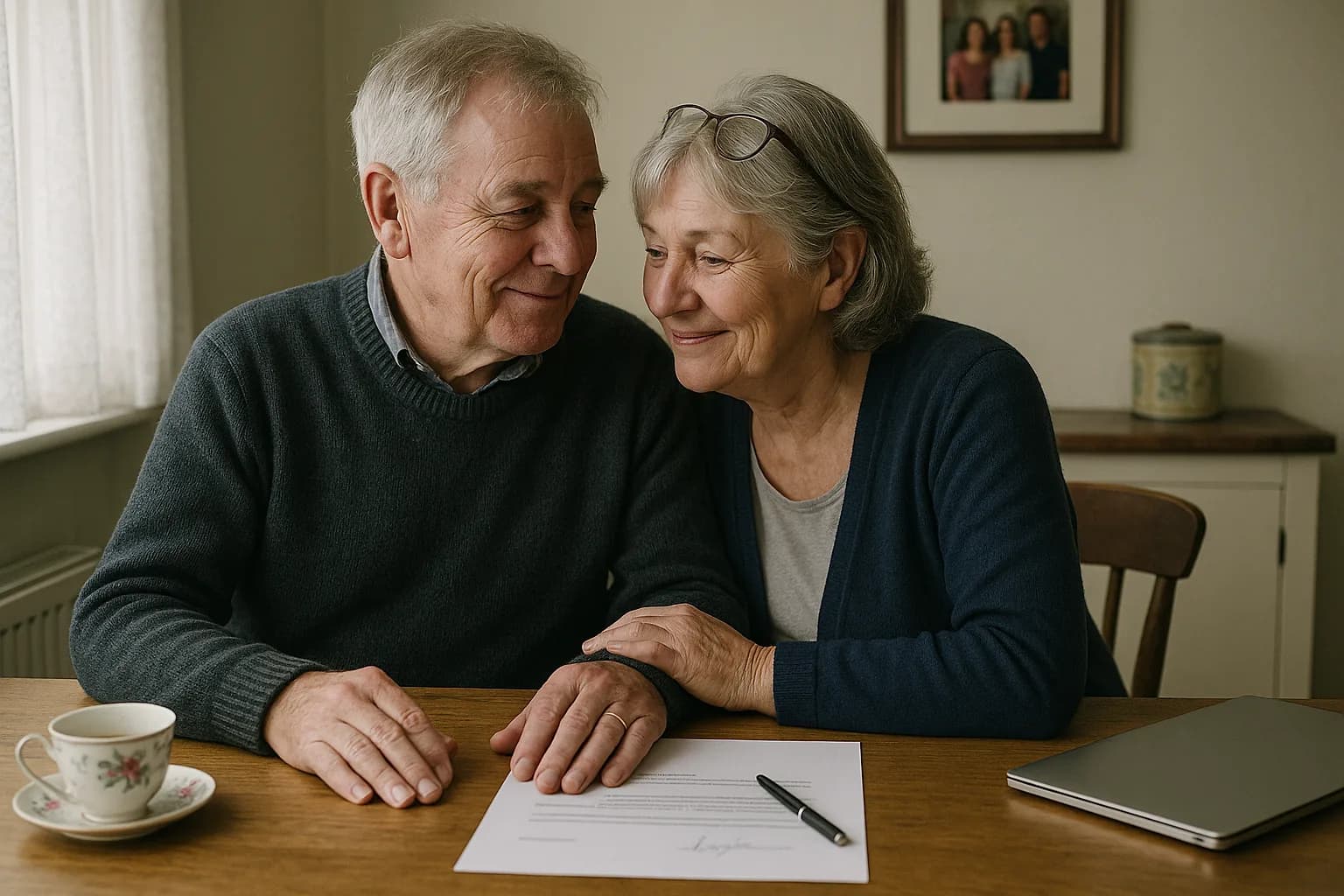 Close-up of hands holding a signed Lasting Power of Attorney document at a table