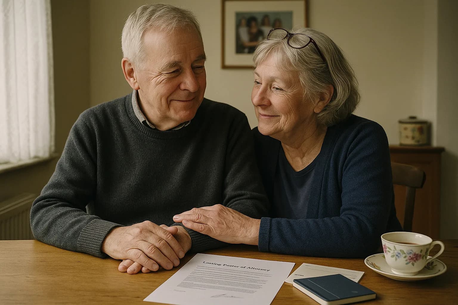 A couple reviewing financial documents and a laptop at home