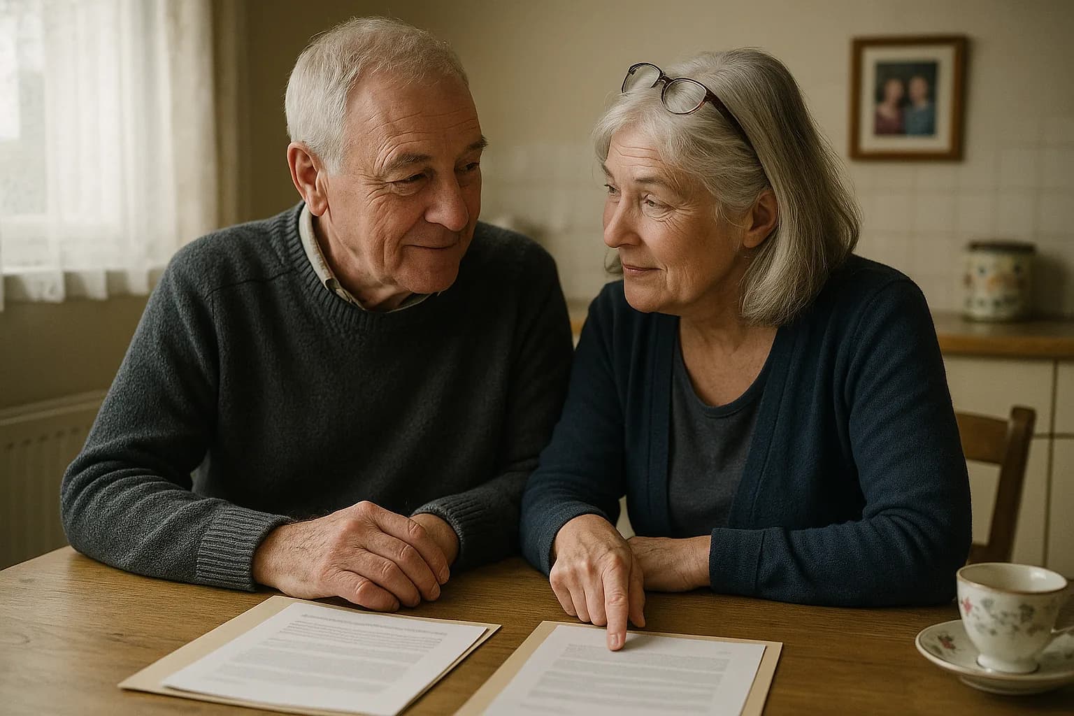 A couple comparing options with paperwork and a laptop