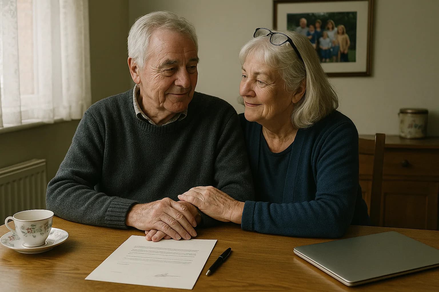 A couple at a kitchen table reviewing their Will and estate plans together