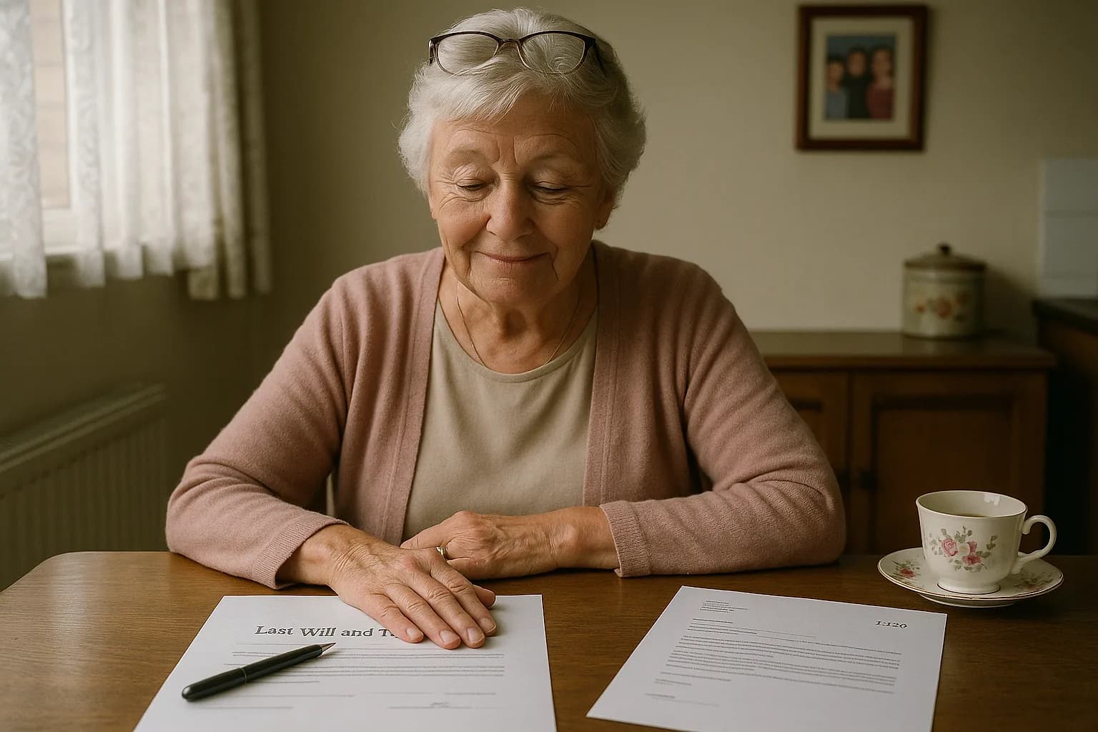 A person weighing up two options at a desk with a laptop and paperwork