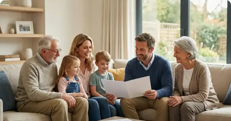 Family across three generations reviewing their Lasting Power of Attorney at home in England